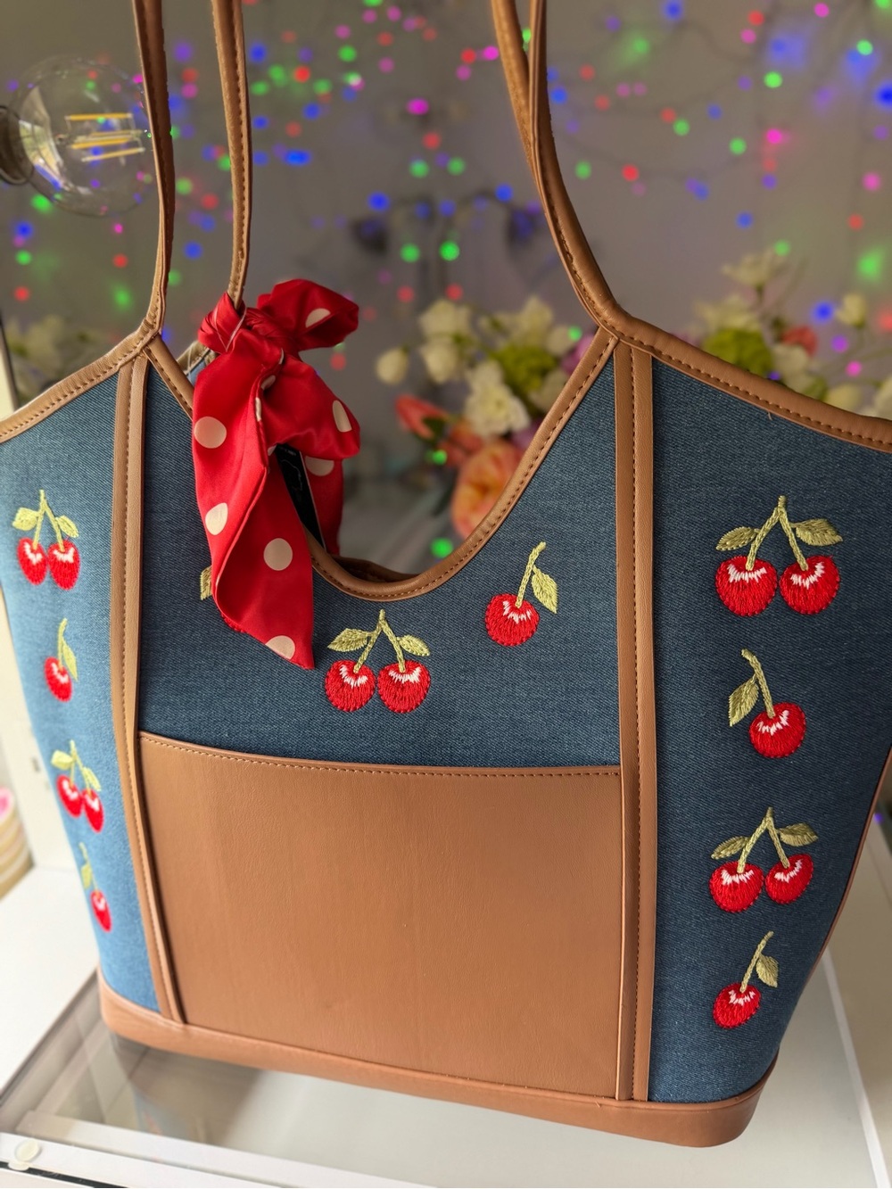 Steve Madden Navy Cherry Embroidered Tote with Brown Trim and Red Bow - Picture 3 of 8